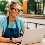 Female coffee shop owner sitting at a table view small business tax problems faqs on laptop