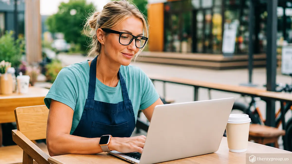 Female coffee shop owner sitting at a table view small business tax problems faqs on laptop