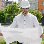 Engineer reviewing architectural plans for a project that may qualify for the New Markets Tax Credit for businesses.