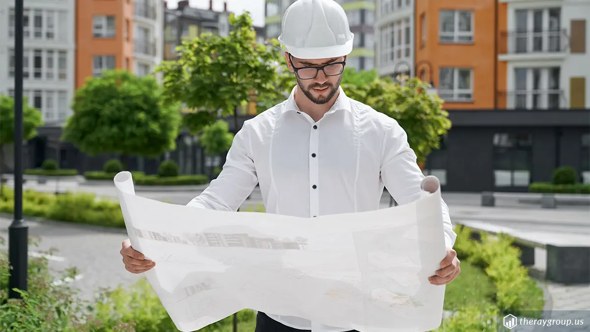 Engineer reviewing architectural plans for a project that may qualify for the New Markets Tax Credit for businesses.