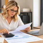 Professional bookkeeper reviewing financial reports and using a calculator for QuickBooks cleanup and accurate business bookkeeping