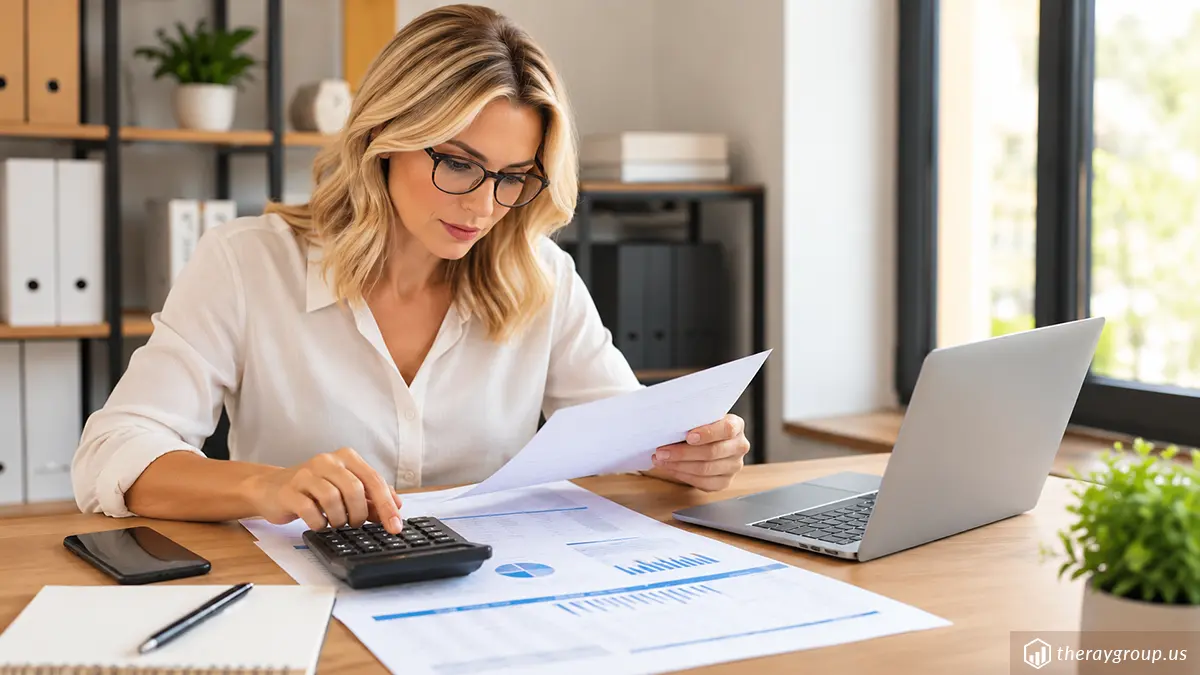 Professional bookkeeper reviewing financial reports and using a calculator for QuickBooks cleanup and accurate business bookkeeping