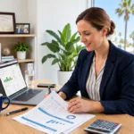 Business owner reviewing financial reports and S Corp reasonable compensation at her office desk