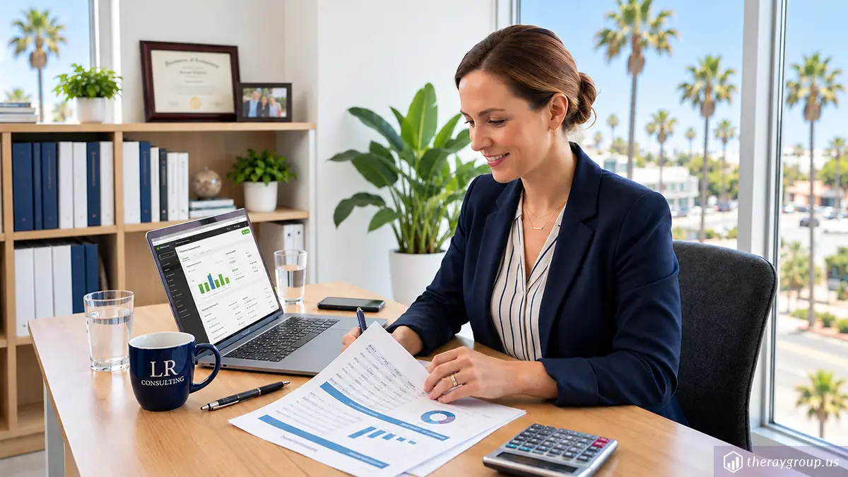 Business owner reviewing financial reports and S Corp reasonable compensation at her office desk