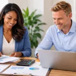 African American businesswoman and colleague reviewing financial reports and charts on a laptop while discussing cash flow forecasting for small business.