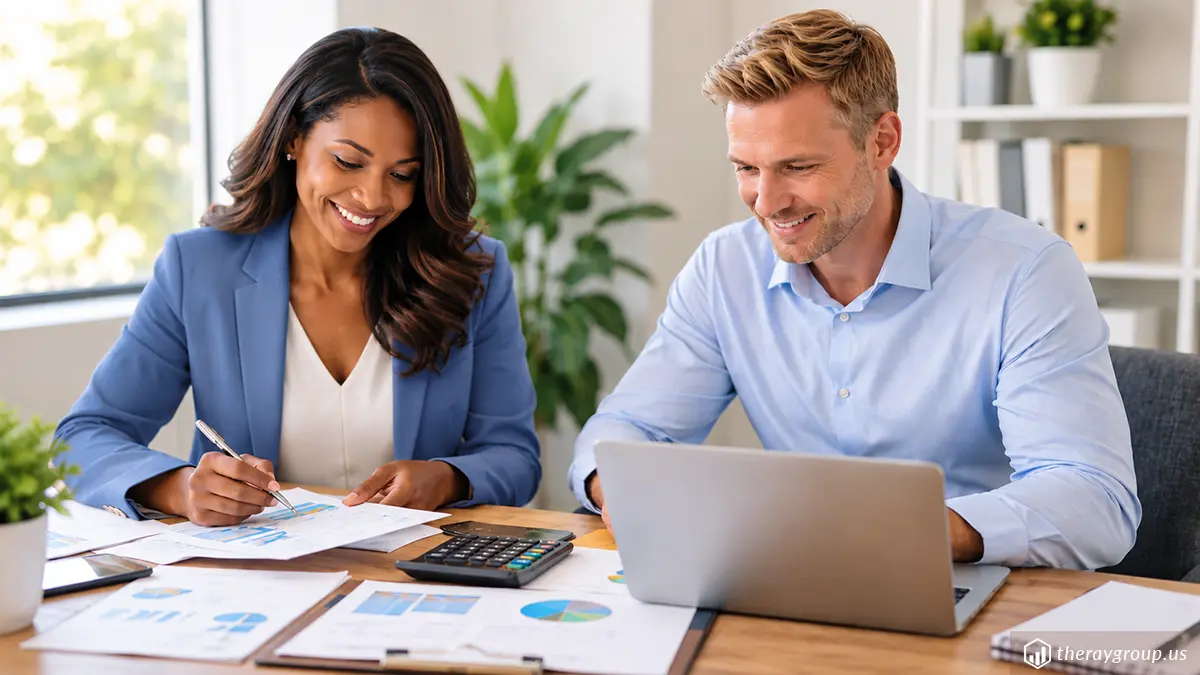 African American businesswoman and colleague reviewing financial reports and charts on a laptop while discussing cash flow forecasting for small business.