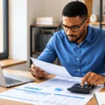 Small business owner learning how to read financial statements while reviewing income reports, balance sheets, and cash flow documents at an office desk