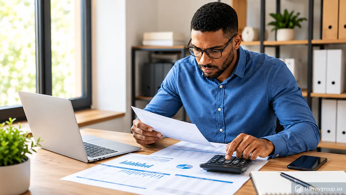 Small business owner learning how to read financial statements while reviewing income reports, balance sheets, and cash flow documents at an office desk